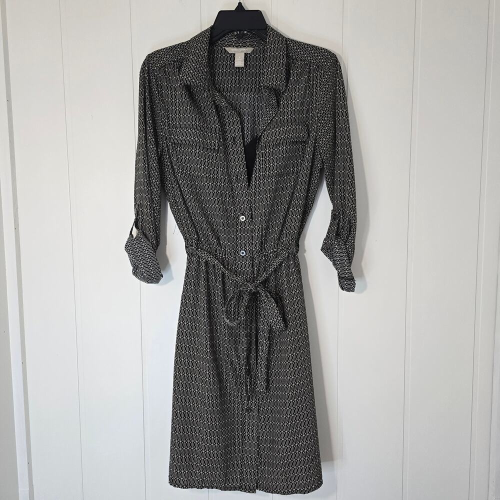 Banana Republic Shirt Dress Geometric Print Black Brown Belted Slip Size 8